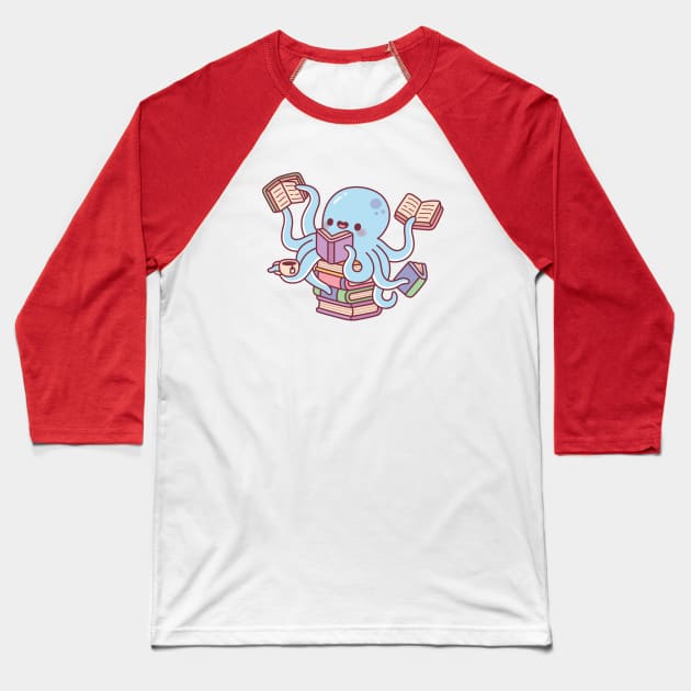 Cute Octopus Busy Reading Books Baseball T-Shirt by rustydoodle